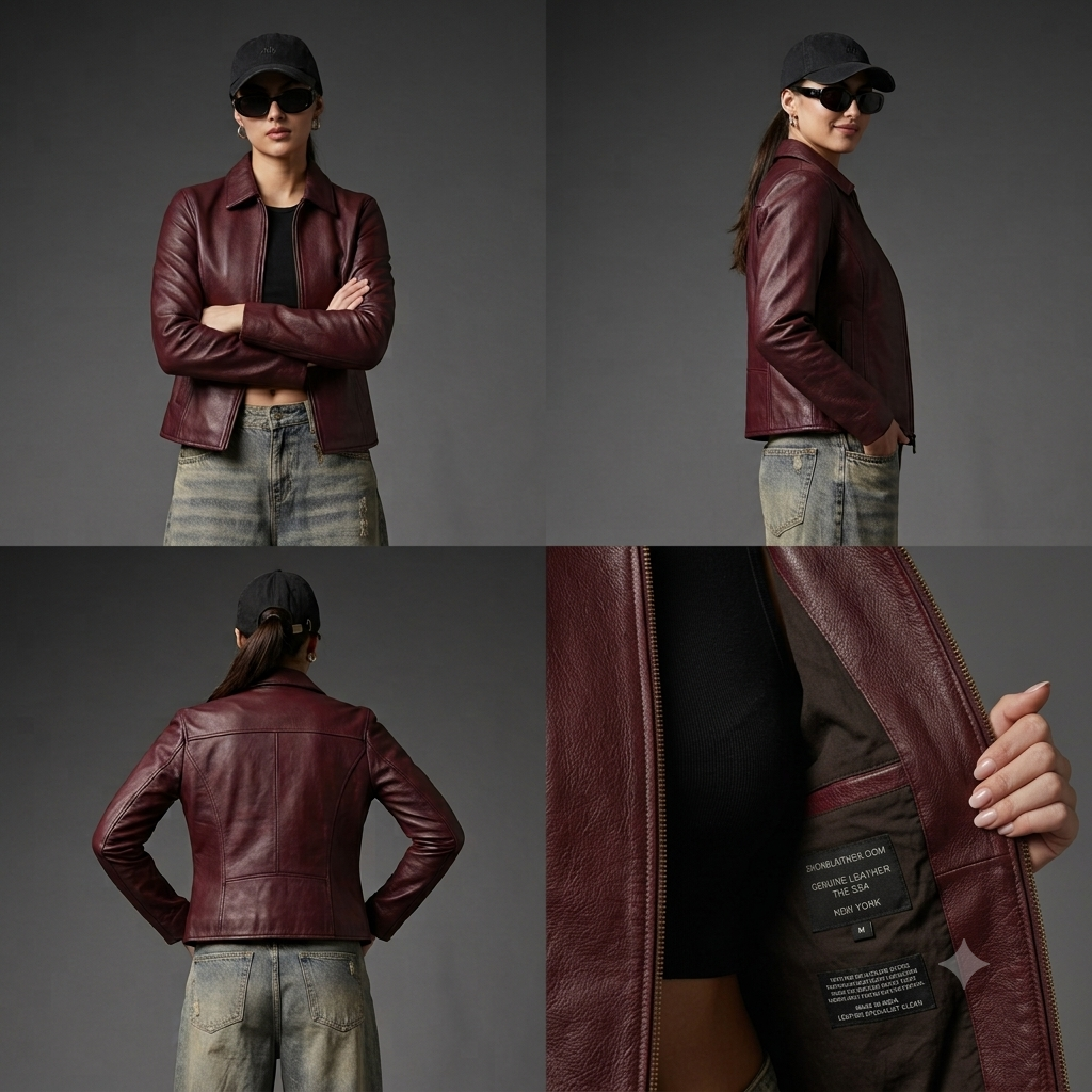 OLD VESTR Women’s Classic Wine Red Leather Jacket