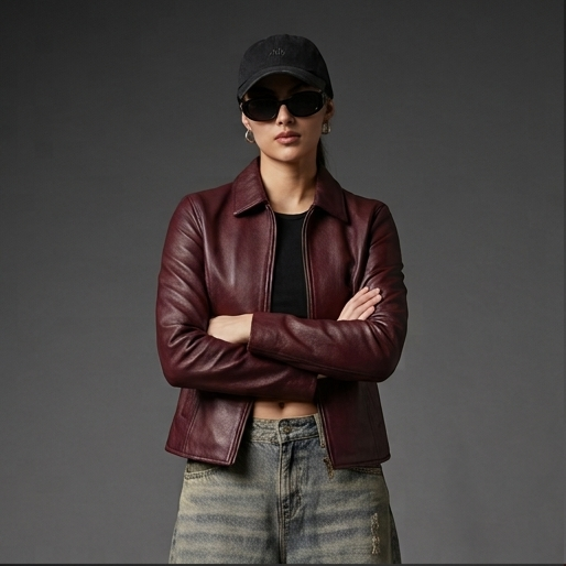 OLD VESTR Women’s Classic Wine Red Leather Jacket
