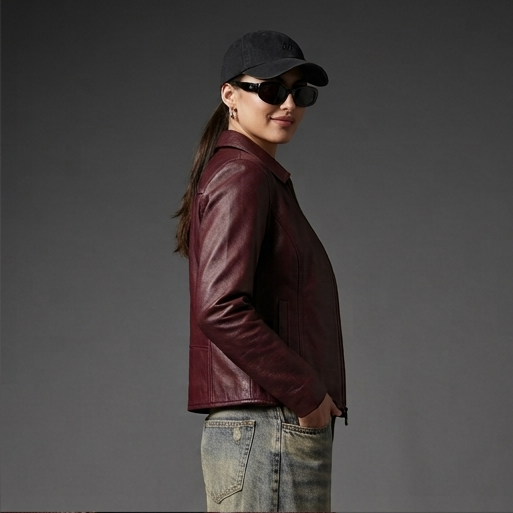 OLD VESTR Women’s Classic Wine Red Leather Jacket